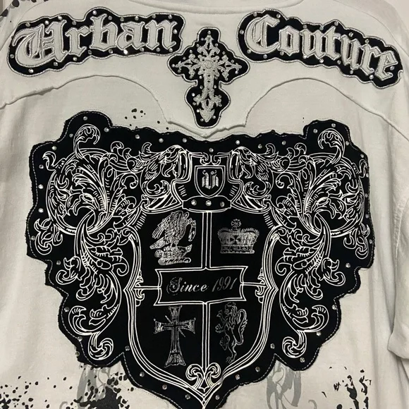 Victorious Urban Couture Graphic T Shirt Vtg Baggy White Rhinestone Goth Y2K - Picture 8 of 16